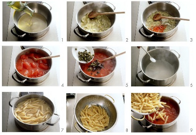 cuisine italienne préparation de la recette de penne alla puttanesca
